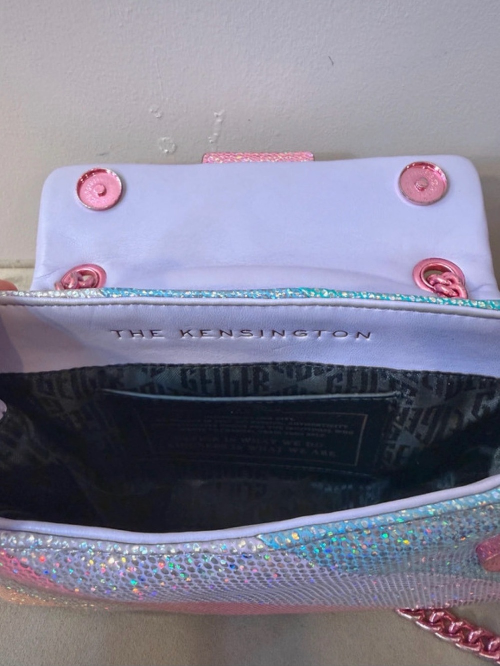Kurt Geiger Iridescent Rainbow Glitter Shoulder Bag with Pink Accents - Picture 3 of 4